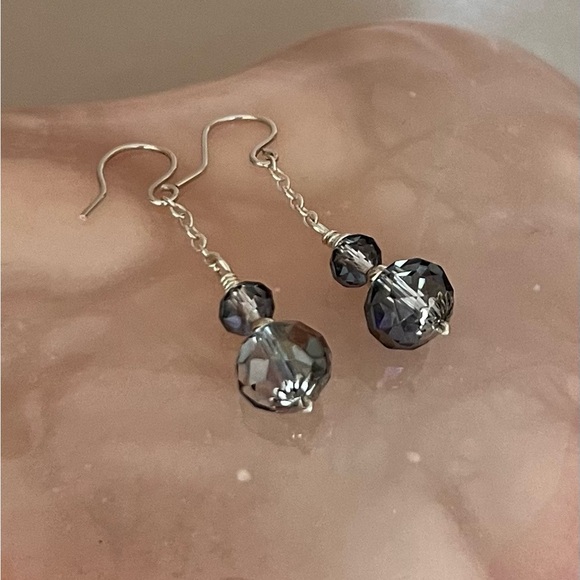 Sterling Silver Smokey Crystal Linear Drop Earrings - Picture 3 of 4